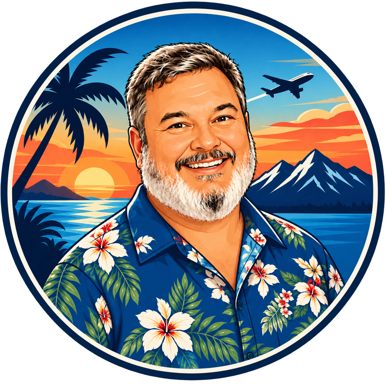 Jason wearing a Hawaiian shirt at a marina