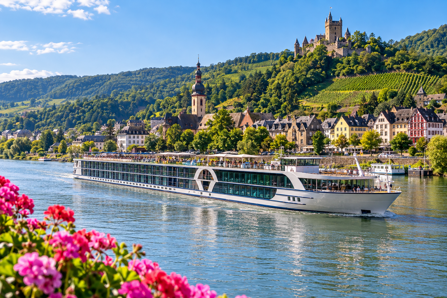 River cruise ship sailing past a European riverside town