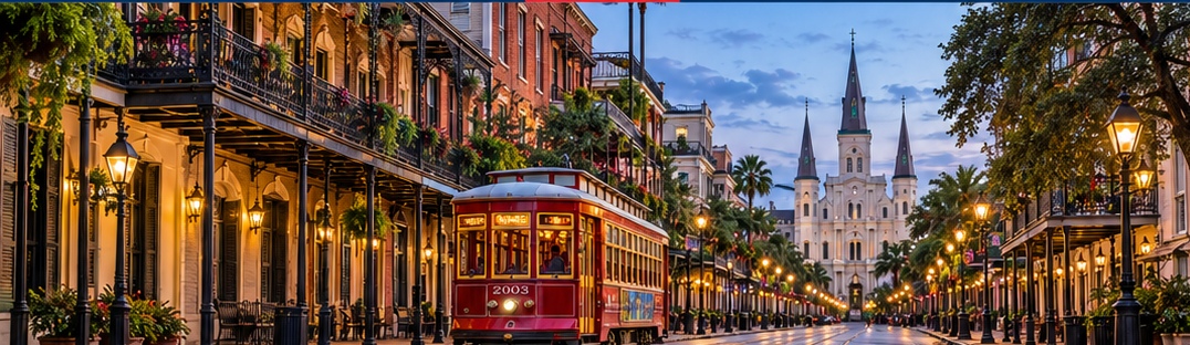 New Orleans city street with streetcar